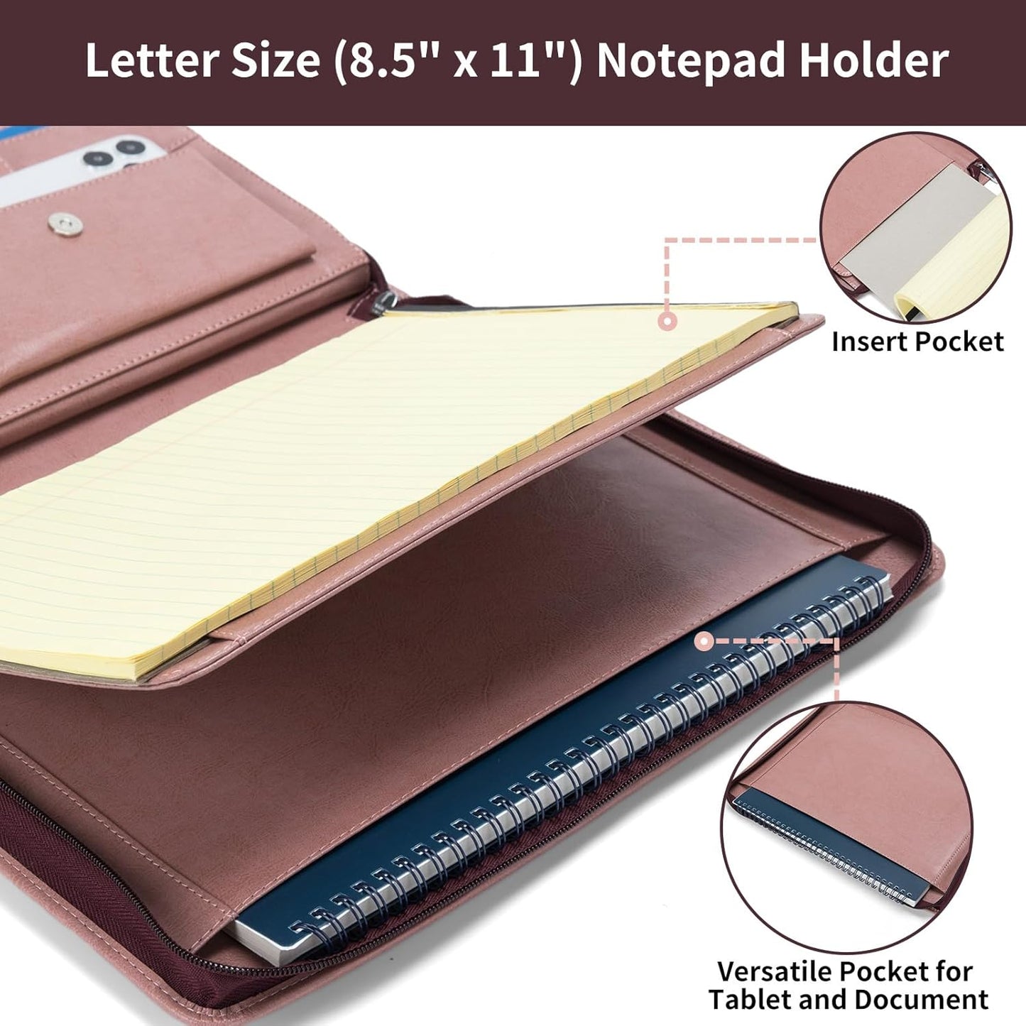 Vegan Leather Portfolio with Front Pocket for Women, 8.5 x 11 Legal Pad Notepad Holder, Zippered Business Organizer, Professional Executive Letter Notebook Folder for Work, Pink