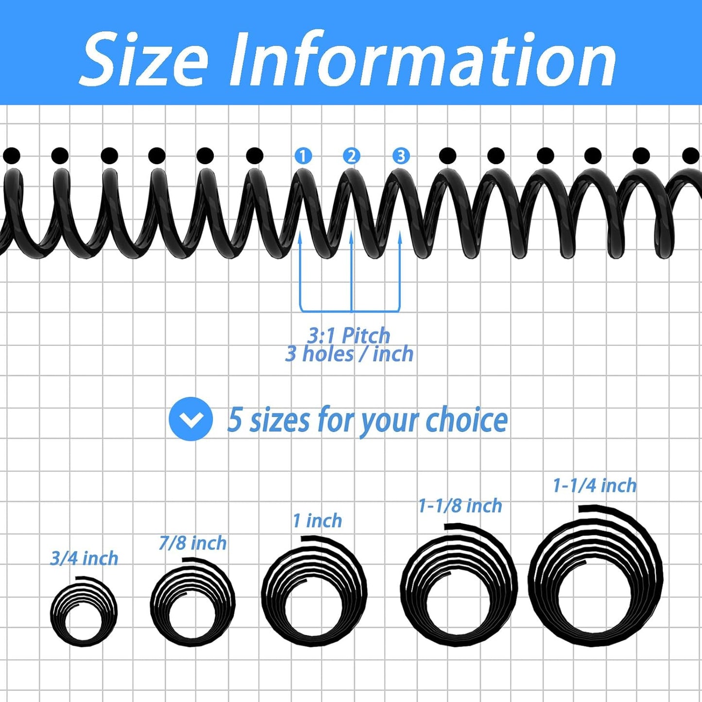 Rayson 19mm Plastic Spiral Coil Binding 3:1 Pitch, 3/4 inch, 160 Sheets Capacity Black Coil Binding Spines - Versatile for Office and Educational Tasks, Pack of 50