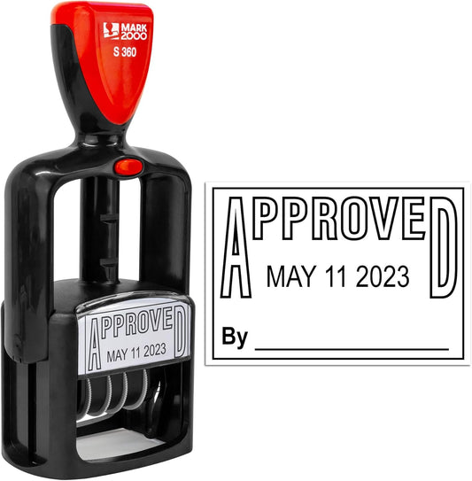 Self-Inking Rubber Date Office Stamp with Approved Phrase - Black Ink - 12-Year Band