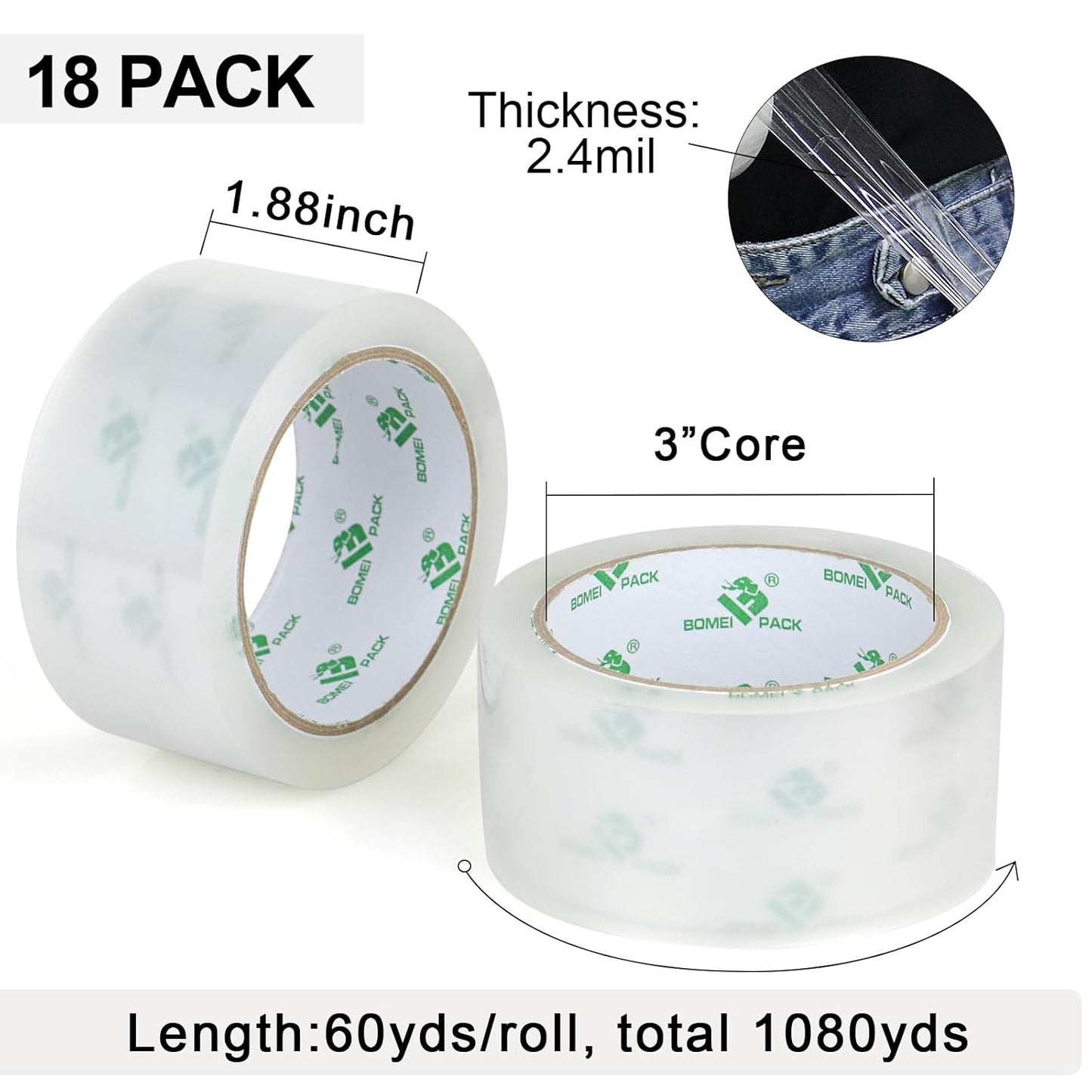 BOMEI PACK 18 Rolls Clear Packing Tape with Dispenser, Heavy Duty Refill Rolls Box Tape for Shipping Moving and Packaging, 2.4Mil 1.88 Inch x 60 Yard