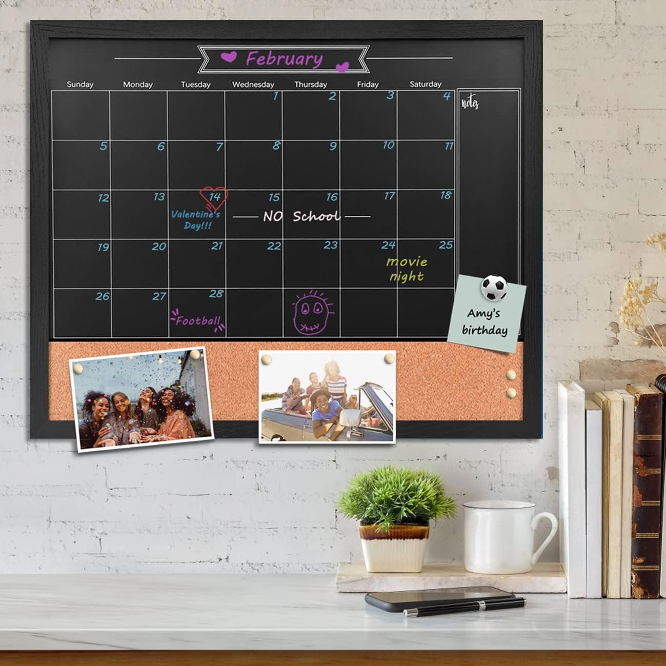TORASO Magnetic Chalkboard Calendar Corkboard, 17.7" x 21.6" Combination Chalk Board Bulletin Board, Black Wood Framed Blackboard Calendar Cork Combo Board(ZHHB-BK-4555)