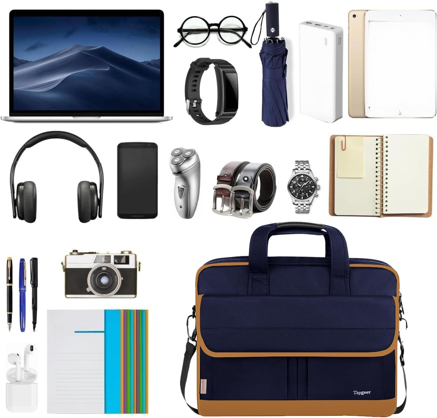 Taygeer Briefcases for Men, Water Resistant Laptop Bag 15.6 Inch for Business, Travel Office Crossbody Carry On Laptop Carrying Case, Messenger Shoulder Bag Fit 15.6 Inch Notebook/Computer, Blue Brown