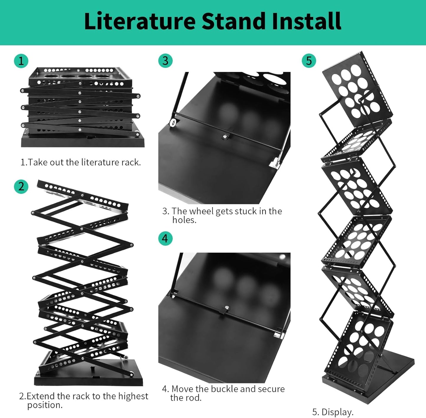Folding Literature Rack, 6 Pockets Metal Brochure Holder Stand Floor Standing Magazine Rack，Double-sided Display Flyer Holder Stand Literature Stand for Trade Show Office Store Home