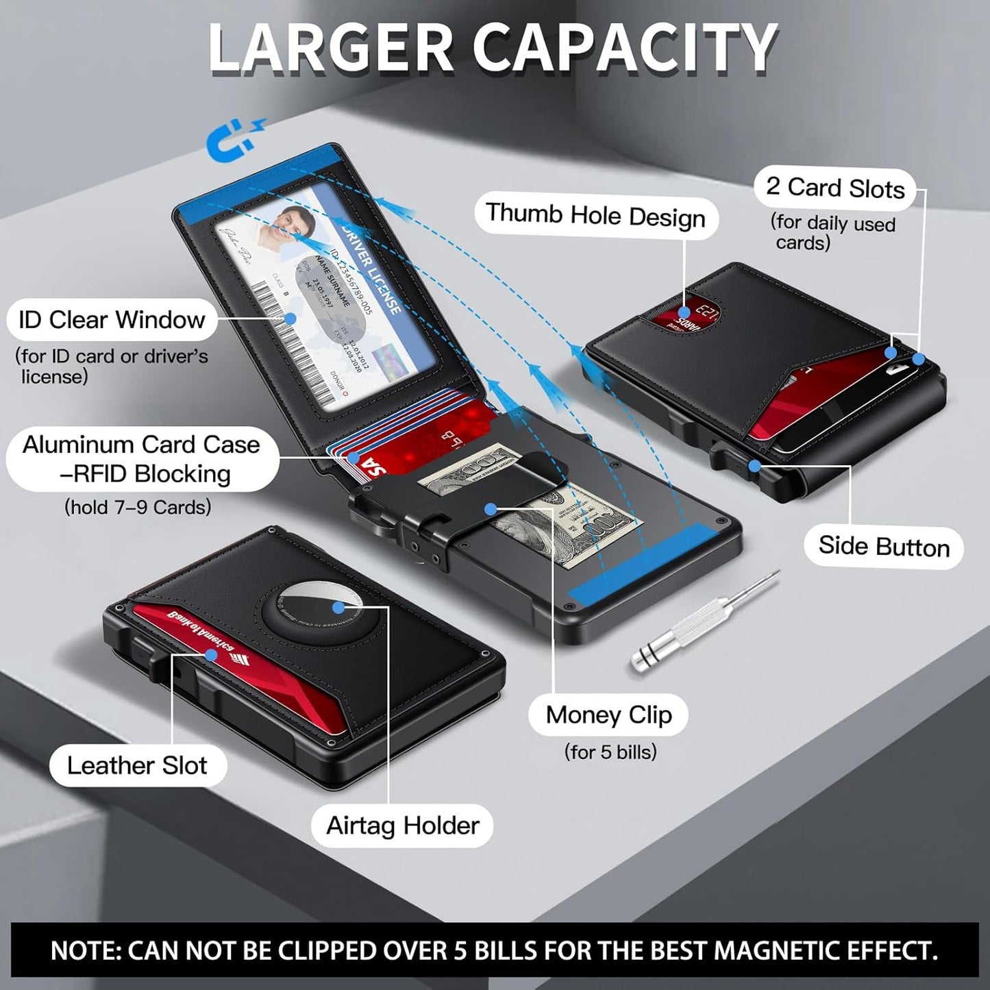 Airtag Wallet for Men, Mens Smart Wallet for Air Tag RFID Blocking, Minimalist Bifold Pop Up Aluminum Credit Card Case Holder 12+ Cards with ID Window, Gift for Men, No Airtag Included, Black