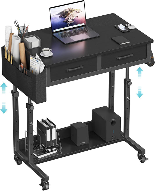 Small Portable Rolling Standing Desk - 32 Inch Adjustable Mobile Stand Up Teacher Desks with 2 Fabric Drawers on Wheels for Classroom, Couch Sofa Side Laptop Table with Storage for Home Office, Black