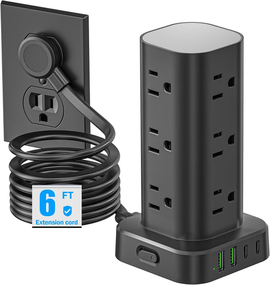 Tower Power Strip with Surge Protector - 12 AC Outlets & 4 USB Ports (2 USB-C), 6FT Extension Cord, Charging Station Tower for Home Office Dorm Travel (Black)