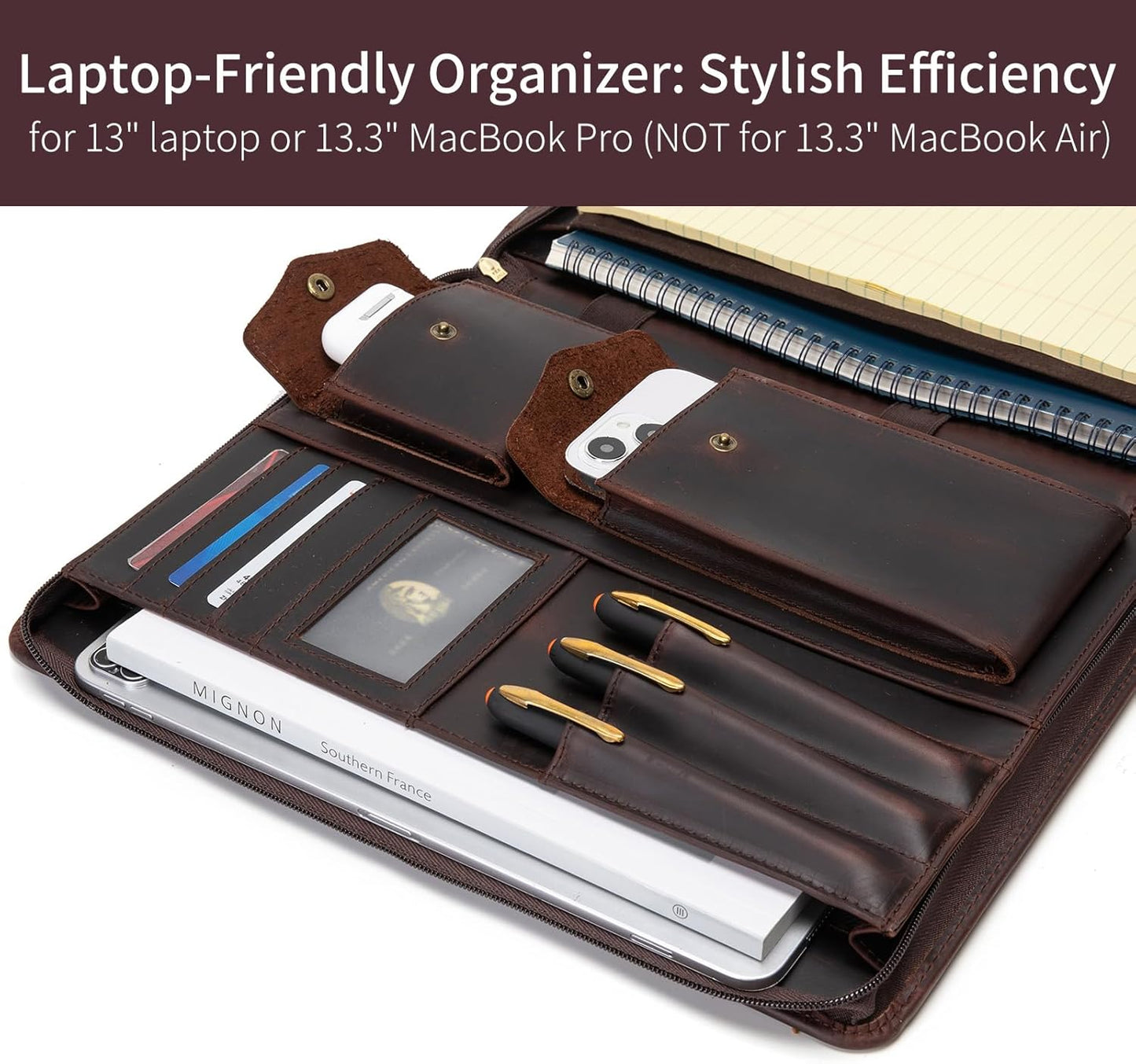 Genuine Leather Portfolio with Hidden Handle, Zippered Front Pocket, Business Padfolio for Men and Women, 8.5 x 11 Legal Pad Notebook Holder, Office Letter Notepad Folio, Dark Brown