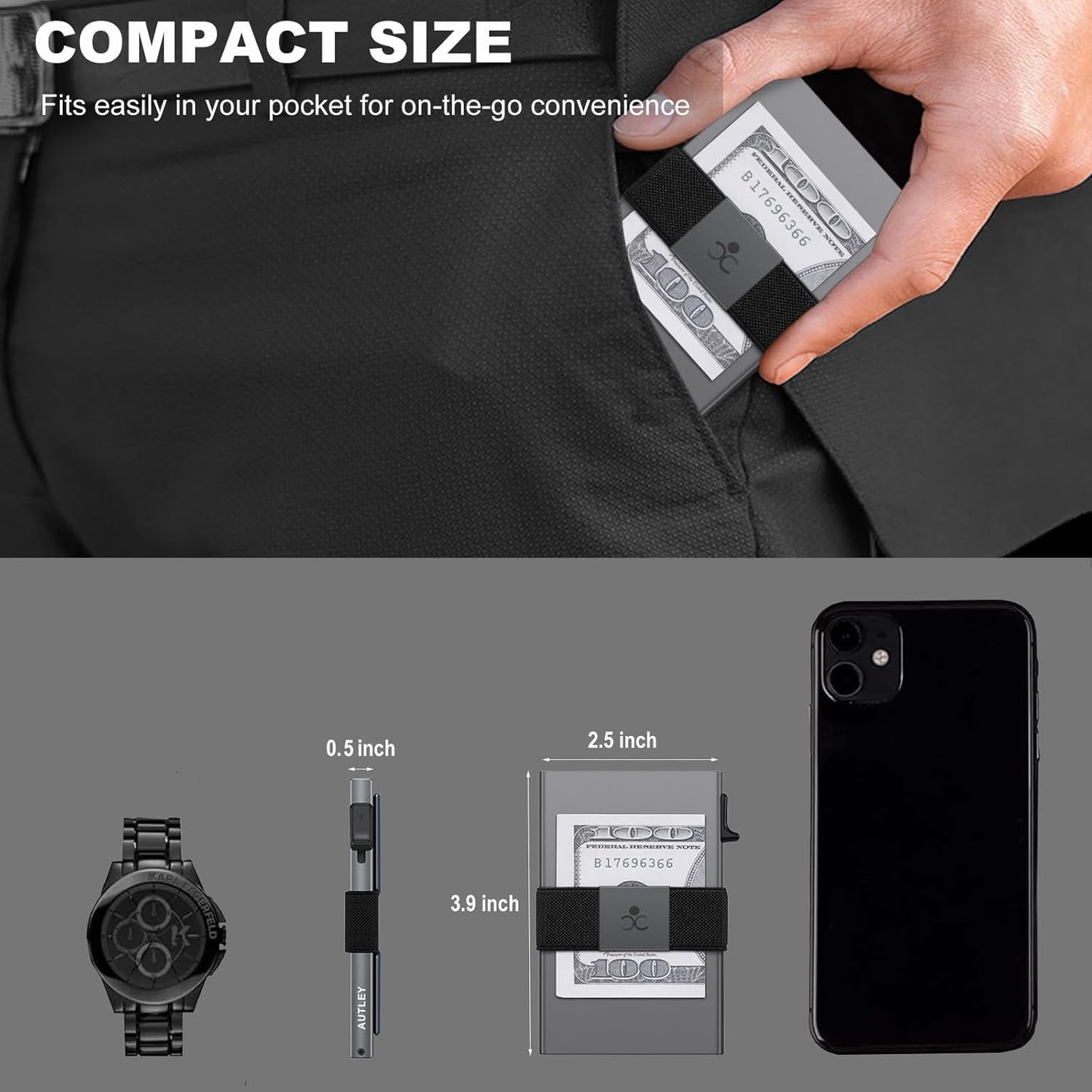 Slim Aluminum Card Holder Wallet for Men, Durable Expandable Backplate, RFID Blocking Minimalist Metal Pop Up Wallet, Holds 12+ Cards Plus Cash