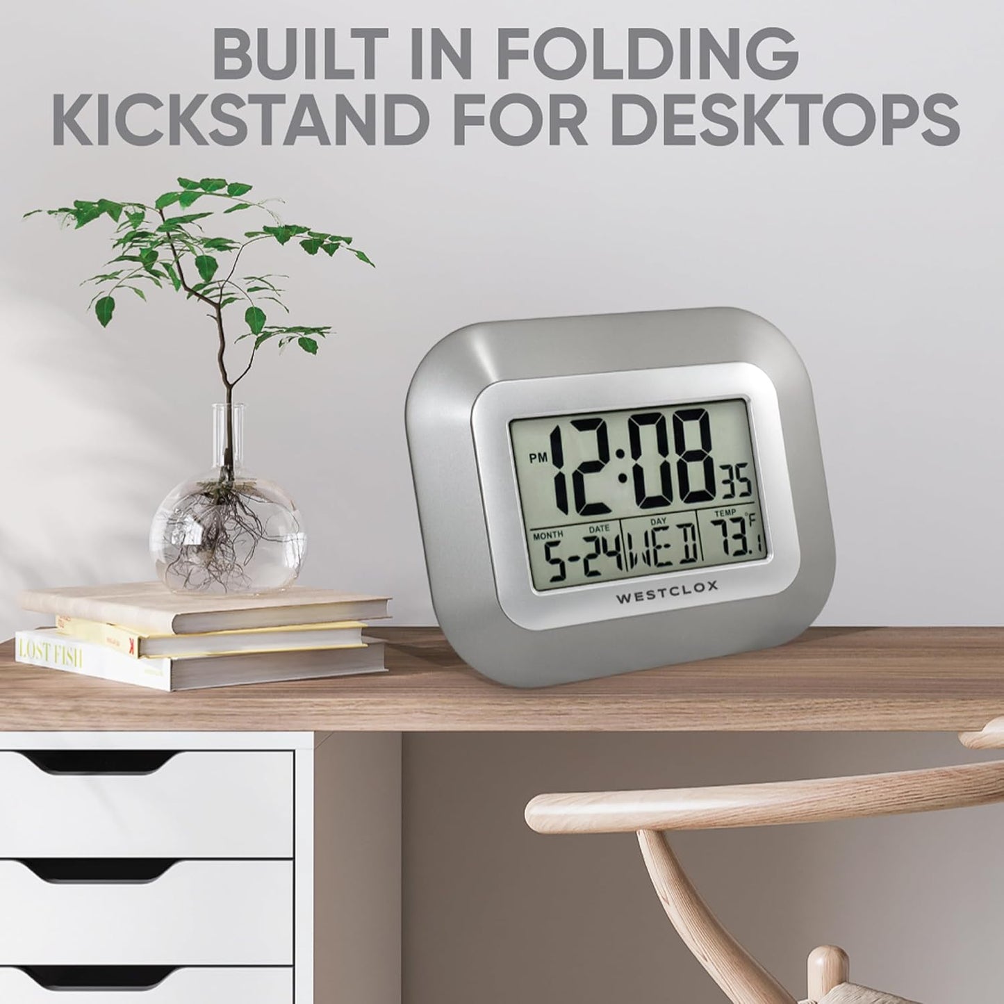Westclox Large Digital Wall Clock Battery Operated Large Digital Clock with Temperature Date and Day of Week with Alarm | Modern Digital Desk Clock for Office Kitchen Bedroom or Living Room | Silver