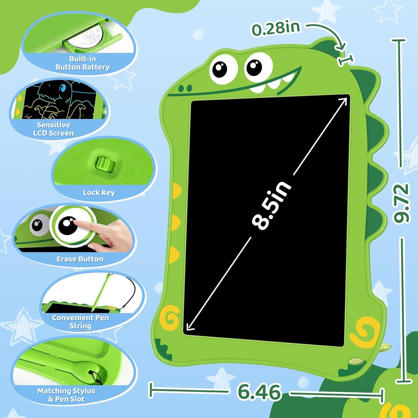 8.5" LCD Dinosaur Writing Tablet for Kids (2 Pack) - Toddler Travel Drawing Pad, Educational Birthday/Christmas Gift for 3-6 Year Old Boys Girls, Mess-Free Eye-Safe Toy