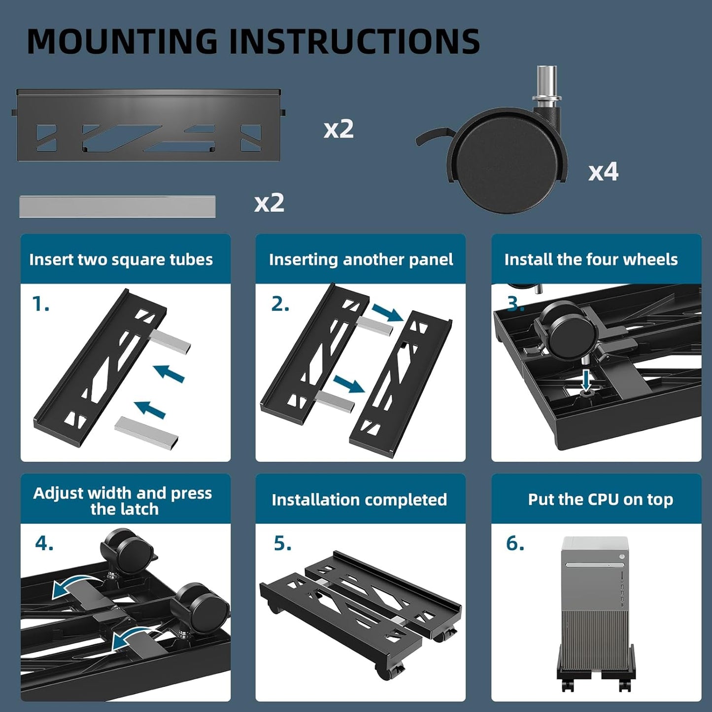 Adjustable Computer Tower Stand, Mobile CPU Stand with 4 Rolling Caster Wheels, Under Desk CPU Holder PC Floor Cart PC Riser for Gamers and Students (Black)