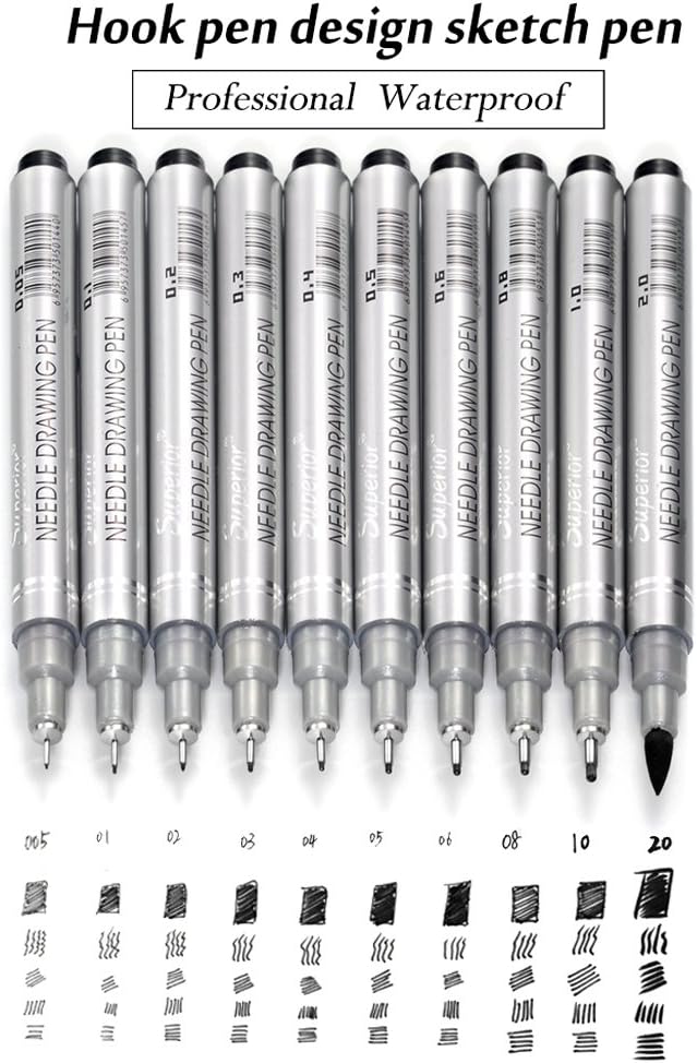 Set of 10 Black Micro-Pen Fineliner Ink Pens, Anti-Bleed & Waterproof Archival ink,Brush & Calligraphy Tip Nibs - Artist Illustration, Office Documents, Scrapbooking, Technical Drawing