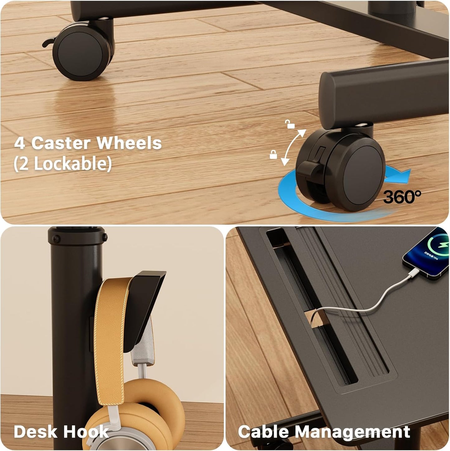 Mobile Standing Desk, 28 inch Rolling Standing Laptop Desk with Cup Holder, Mobile Desk Workstation with Wheels, Portable Computer Desk Cart with Hook for Home Office, Black