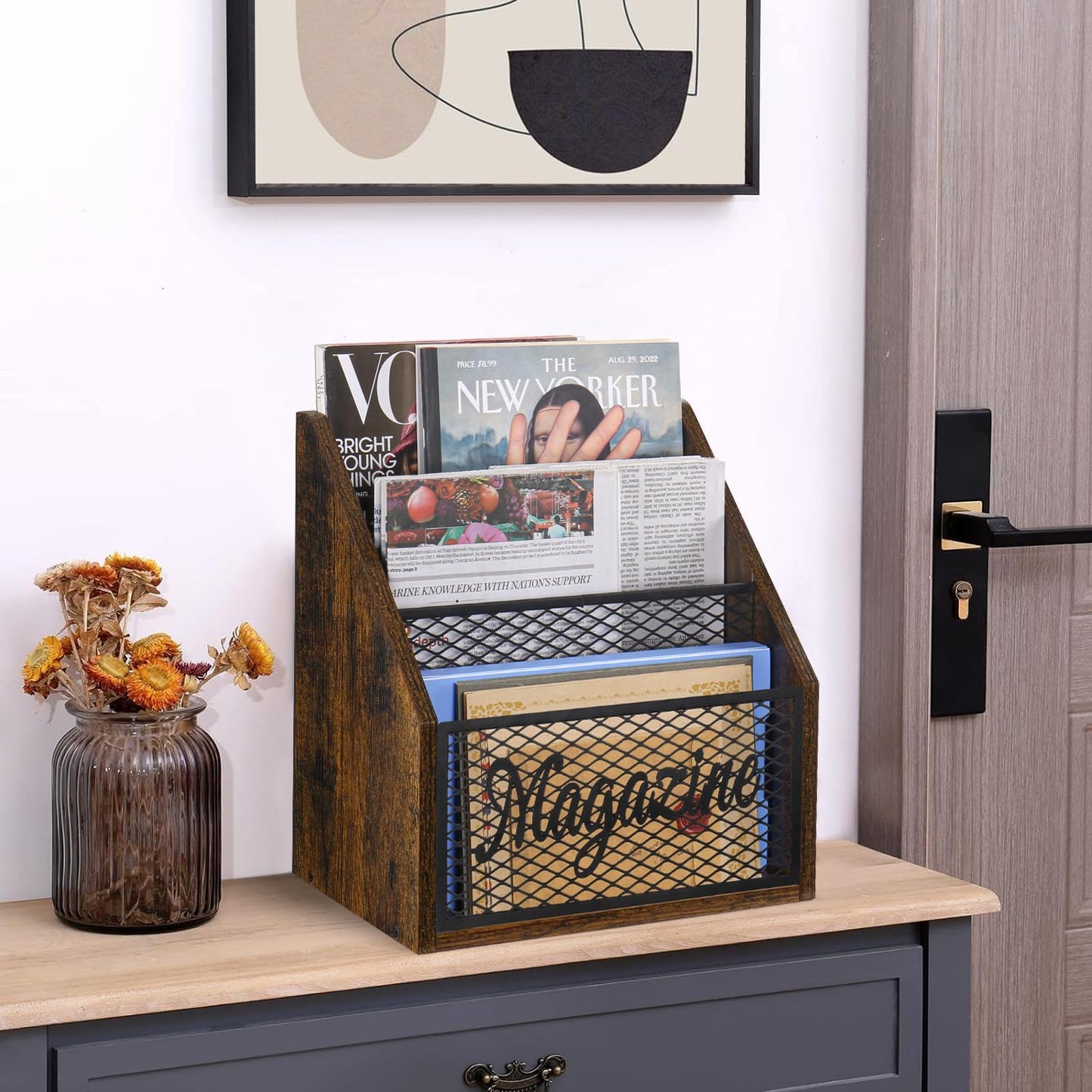 YINMIT Magazine Holder, Stepped 3 Tier Magazine Rack Floor, Magazine Storage Basket, Folder Organizer Bin for Magazines,Books,Newspapers,Tablets