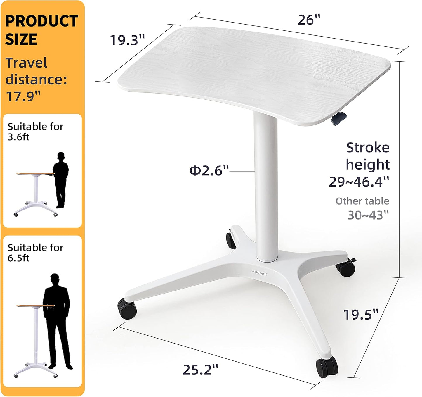 47" Mobile Standing Desk(26" W*19.3" D), Adjustable Height Laptop Desk, Pneumatic Desk with Gas Spring Riser, Podium for Home, Office，Classroom，Medical, (29" to 46.9" H) (White)