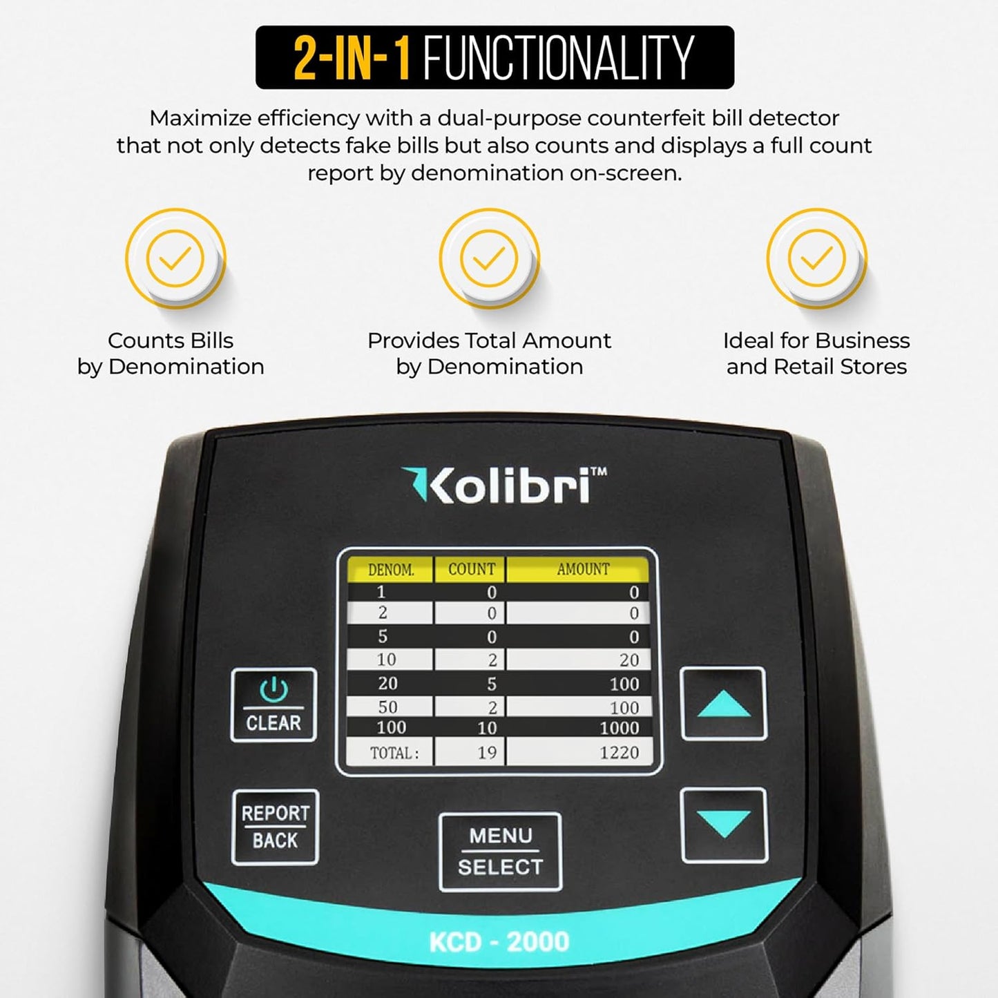 KOLIBRI KCD-2000 Advanced Counterfeit Bill Detector | All-Orientation Counterfeit Detection Bill Counter | Money Counter by Denomination | Detect Fake Bills Fast