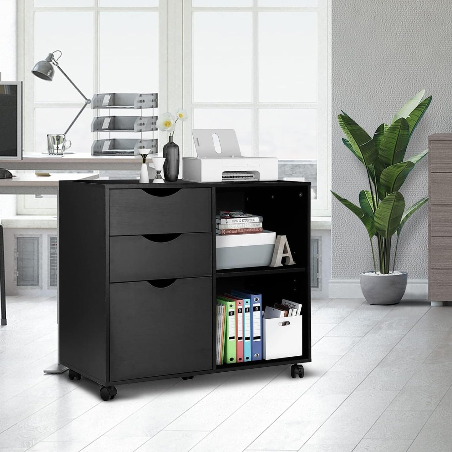 QDSSDECO 3-Drawer with Shelf Wood File Cabinet Mobile Lateral Filing Cabinet, with Rolling Wheel Printer Stand and Open Adjustable Storage Shelves, for Home Office, Black