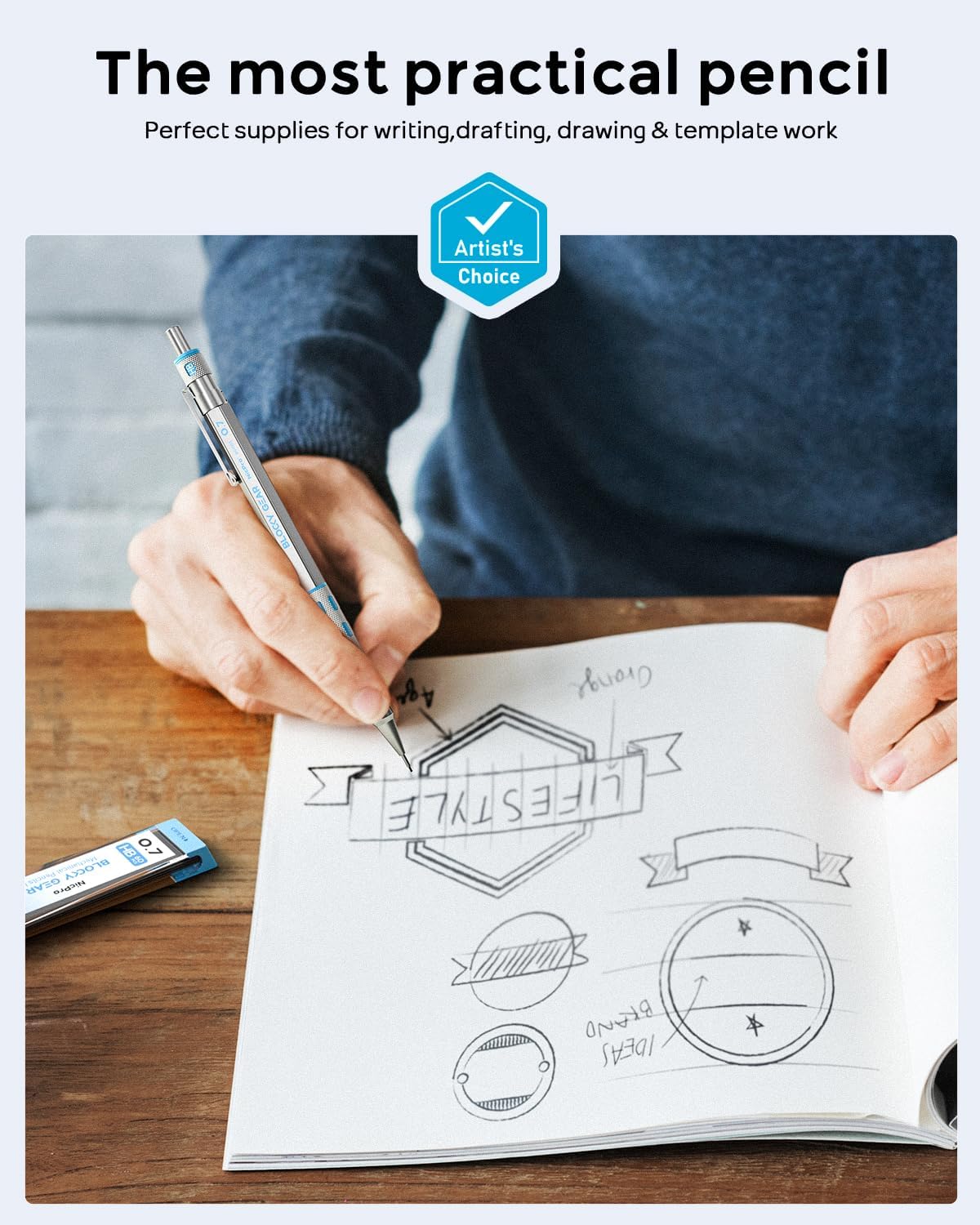 Nicpro Blocky Gear 0.7 mm Mechanical Pencils Set in Case, Metal Pencil with Lead Refills, Eraser for Professional & Adult Art Writing Drafting Drawing