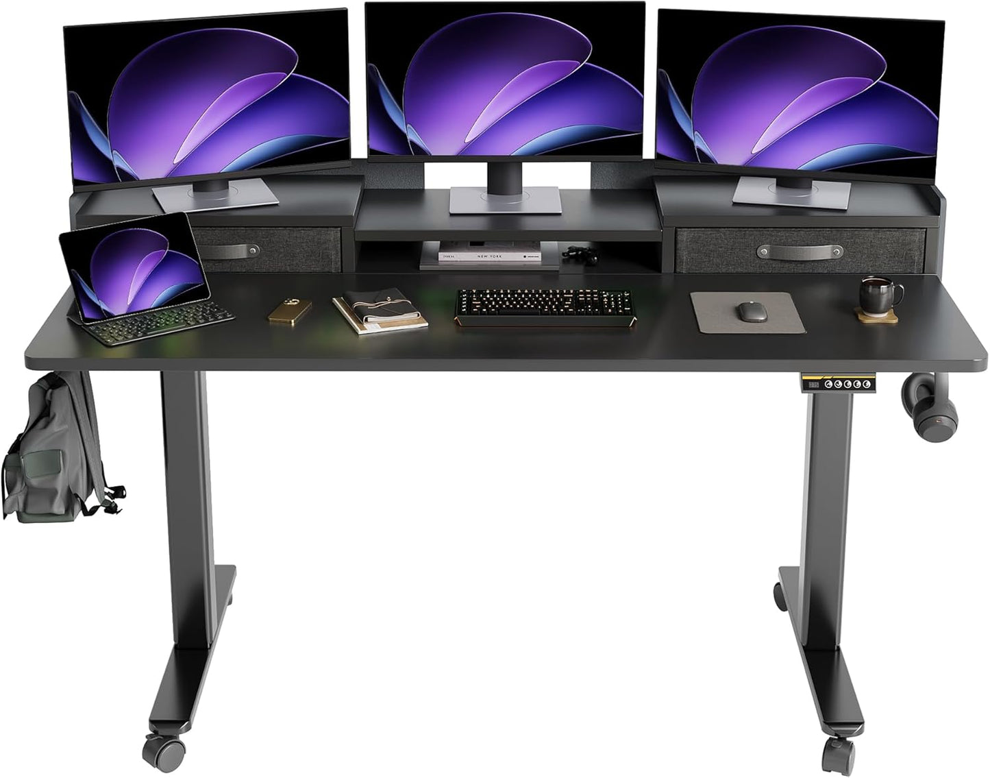 YDN Standing Desk with Drawers, 59 Inch Standing Desk Adjustable Height, Adjustable Electric Stand Up Sit Stand Small with Storage and Shelf, Black