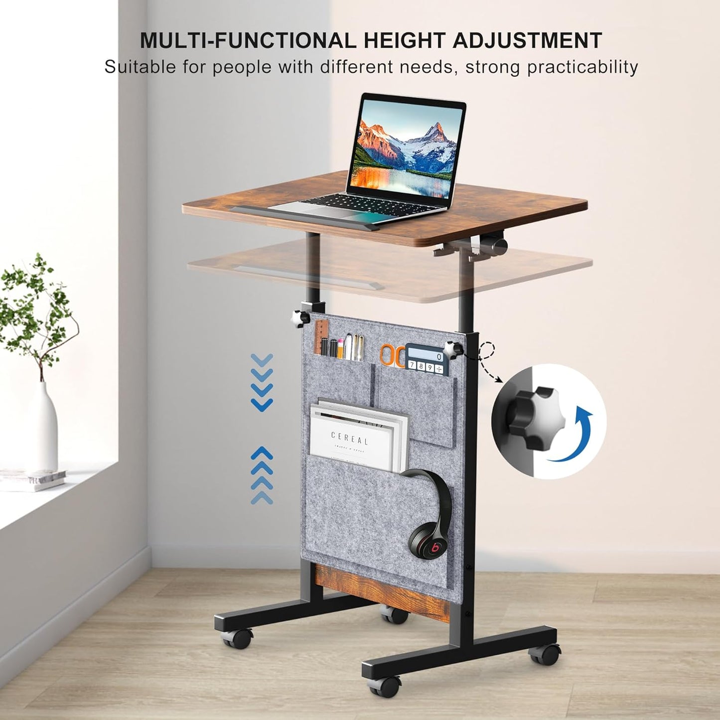 KOUPA Height Adjustable Standing Desk with Storage Bag widths16 in Length 24 in, Portable Rolling Mobile Stand Up Table with Wheels, 360 Degree Flip Laptop Computer Desk for Home Office, Rustic Brown