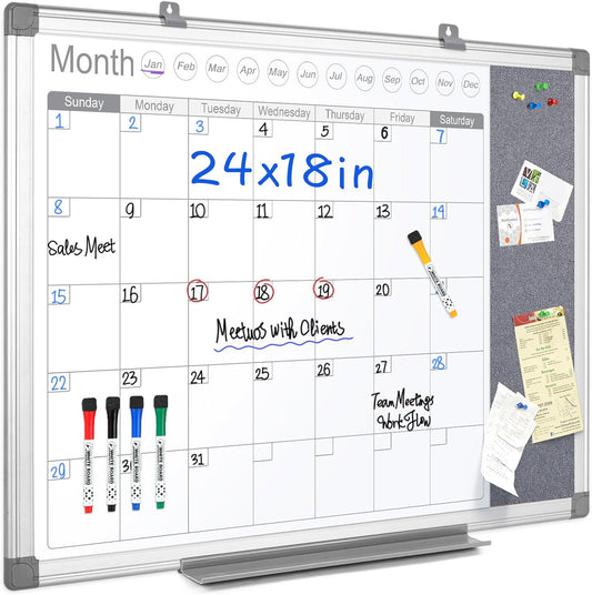 MAKELLO Dry Erase Calendar for Wall 24x18 in, Whiteboard Calendar and Grey Felt Board Combo for Office Home School