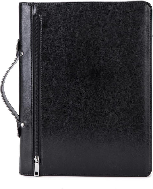 Vegan Leather Portfolio with Hidden Handle, Zippered Front Pocket, Business Padfolio for Men and Women, 8.5 x 11 Legal Pad Notebook Holder, Office Letter Notepad Folio, Black