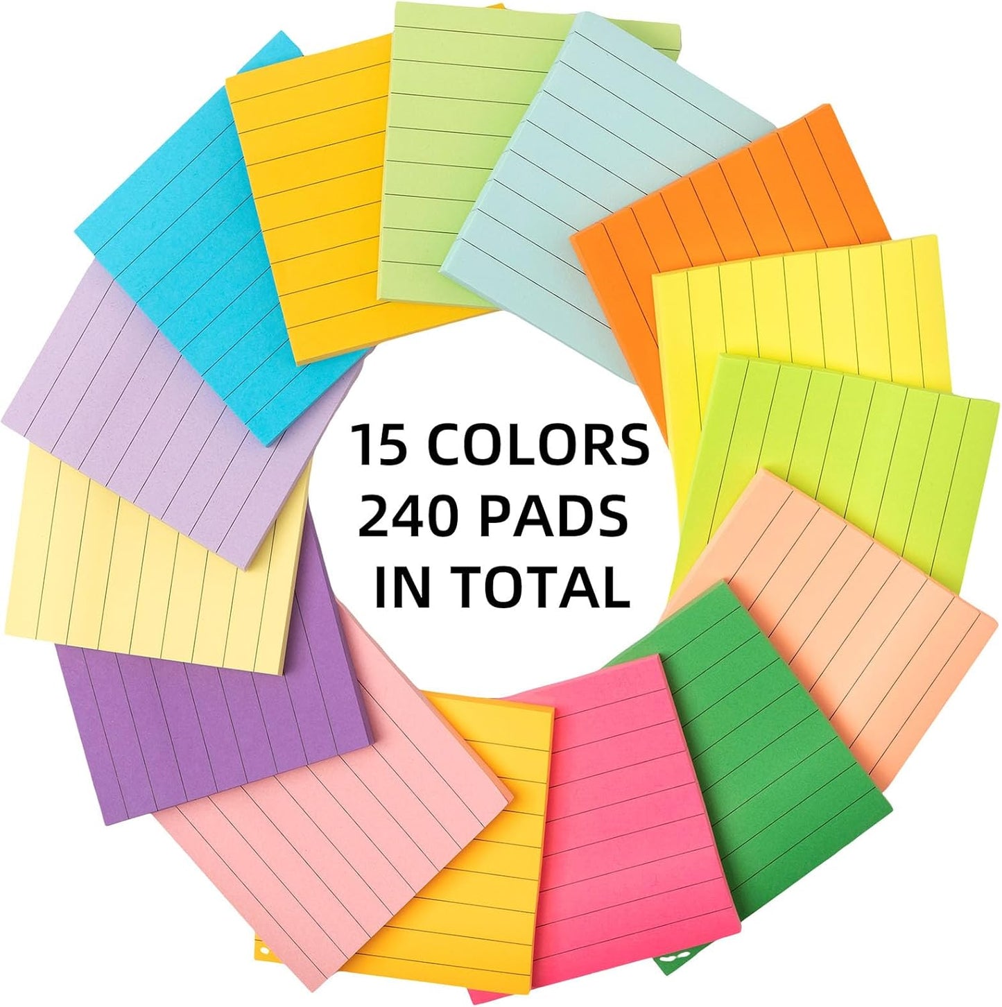 Seajan 240 Pads 3 x 3 Inch Sticky Notes Notepads Multi Bright Colors Self Sticky Pads for Students Teachers School Office Supply Desk Accessory 15 Colors, 50 Sheets Each(Neon,Line)
