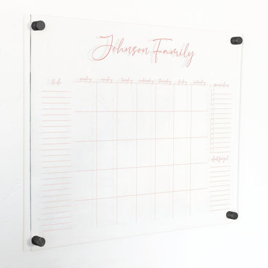 Personalized Clear Acrylic Calendar for Wall, Calendar Whiteboard for Wall, Dry Erase Wall Calendar, Wall Calendar Organizer System for Home (Cursive, Blush, 23"W x18.5"H)