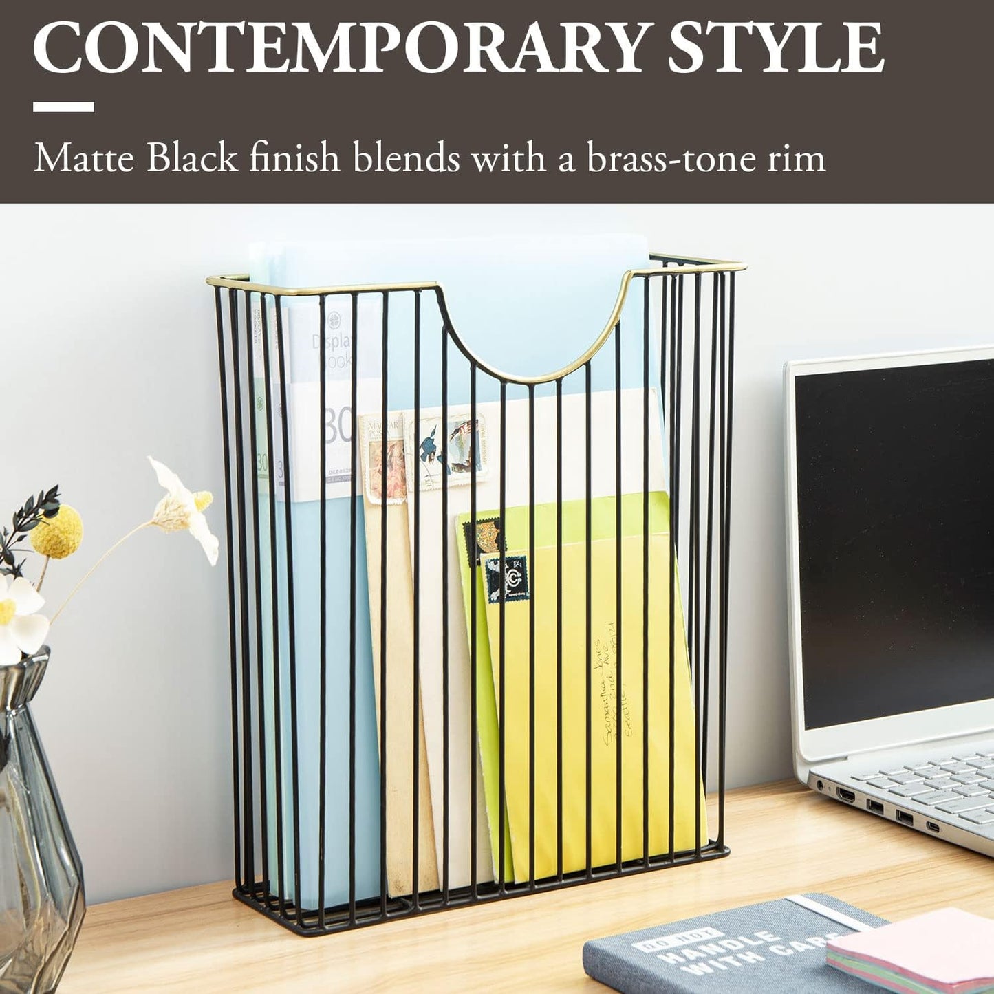 MyGift Art Deco Style Matte Black Metal Wire Magazine Rack with Brass Tone Rim - Wall Mounted Holder Storage Basket for Mail - Handcrafted in India