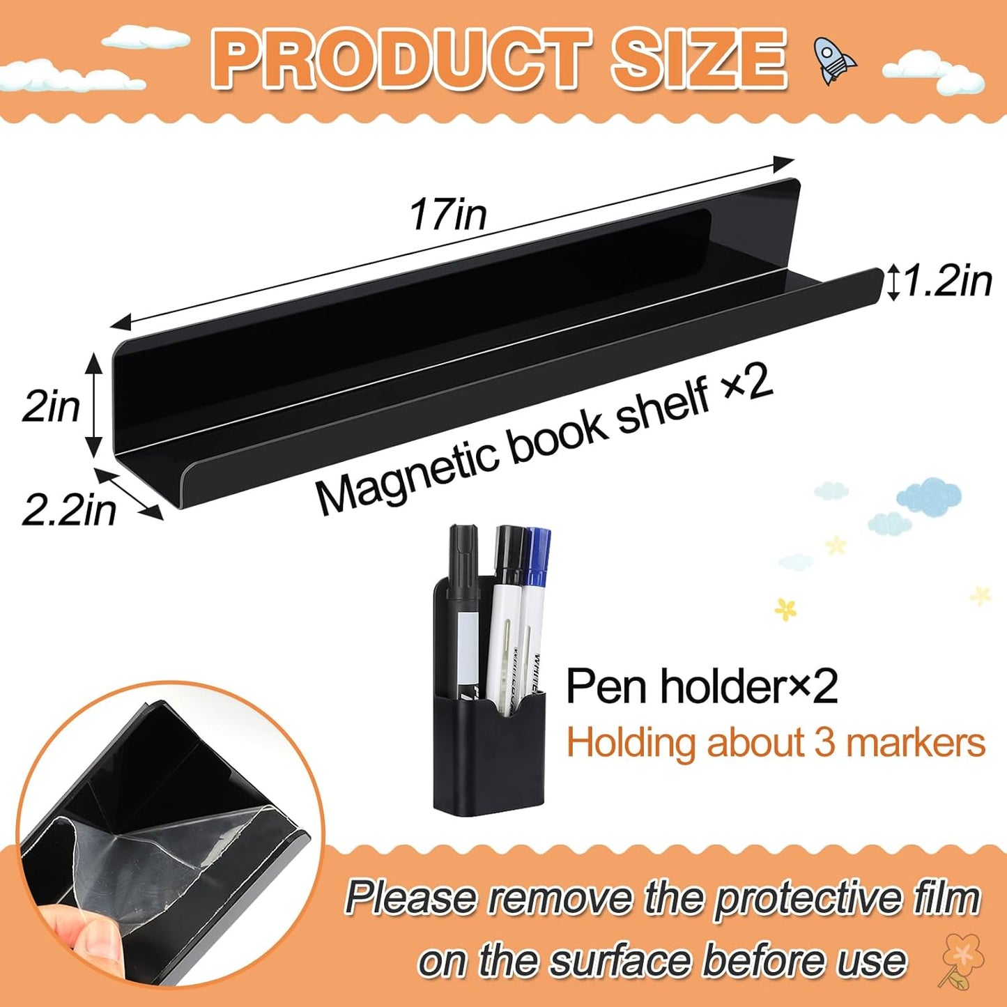 2 Set Acrylic Magnetic Book Shelf & Pen Holder for Whiteboard, 8.8Lbs Bearing Magnetic Books Display Holder for Teacher Classroom Office, Black