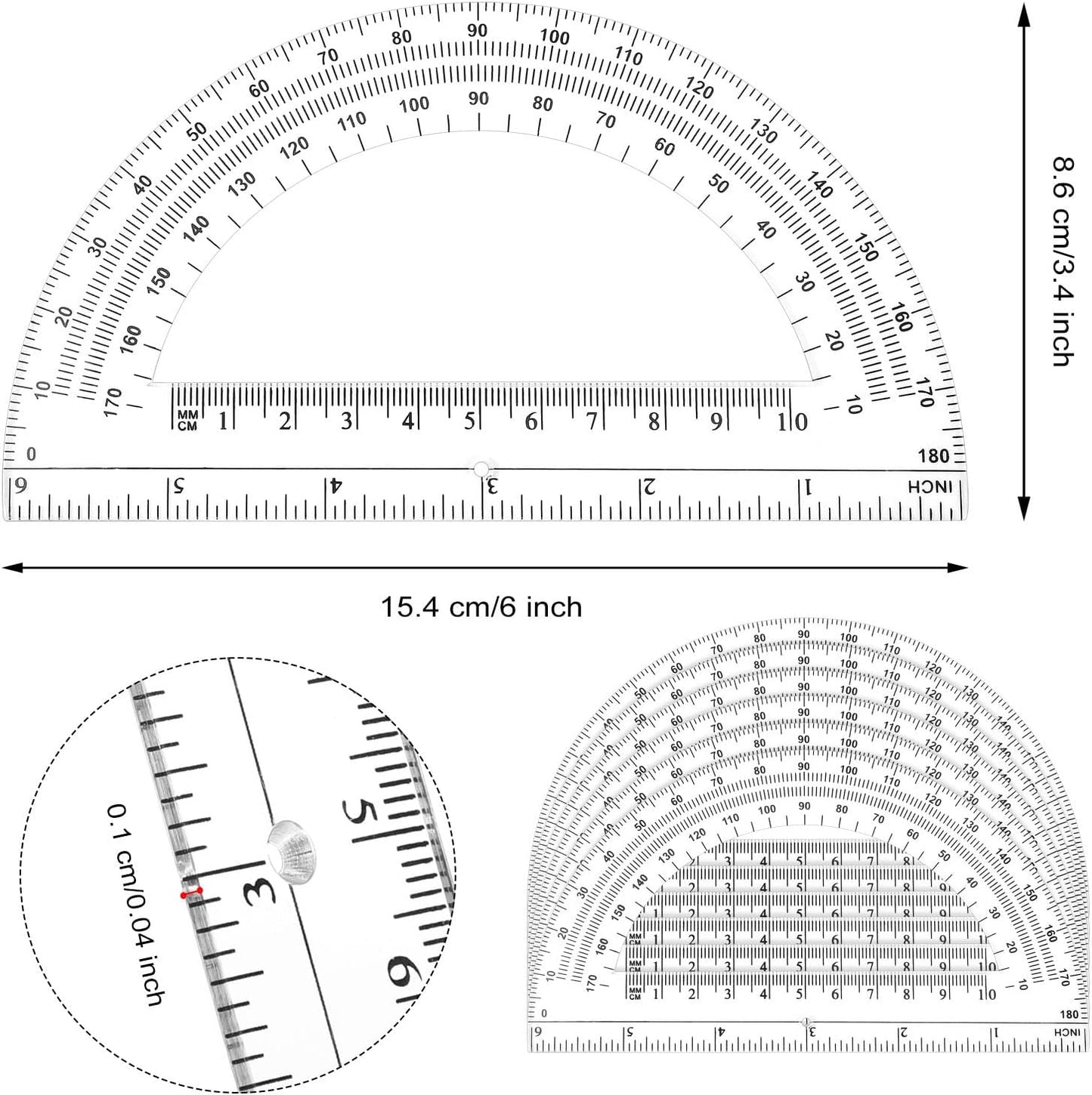 Zonon 100 Pieces Plastic Protractors Bulk Classroom Clear Math Protractors 180 Degrees 6 Inch for Geometry Student, Angle Measurement, Students Back to School Supplies Office Supplies