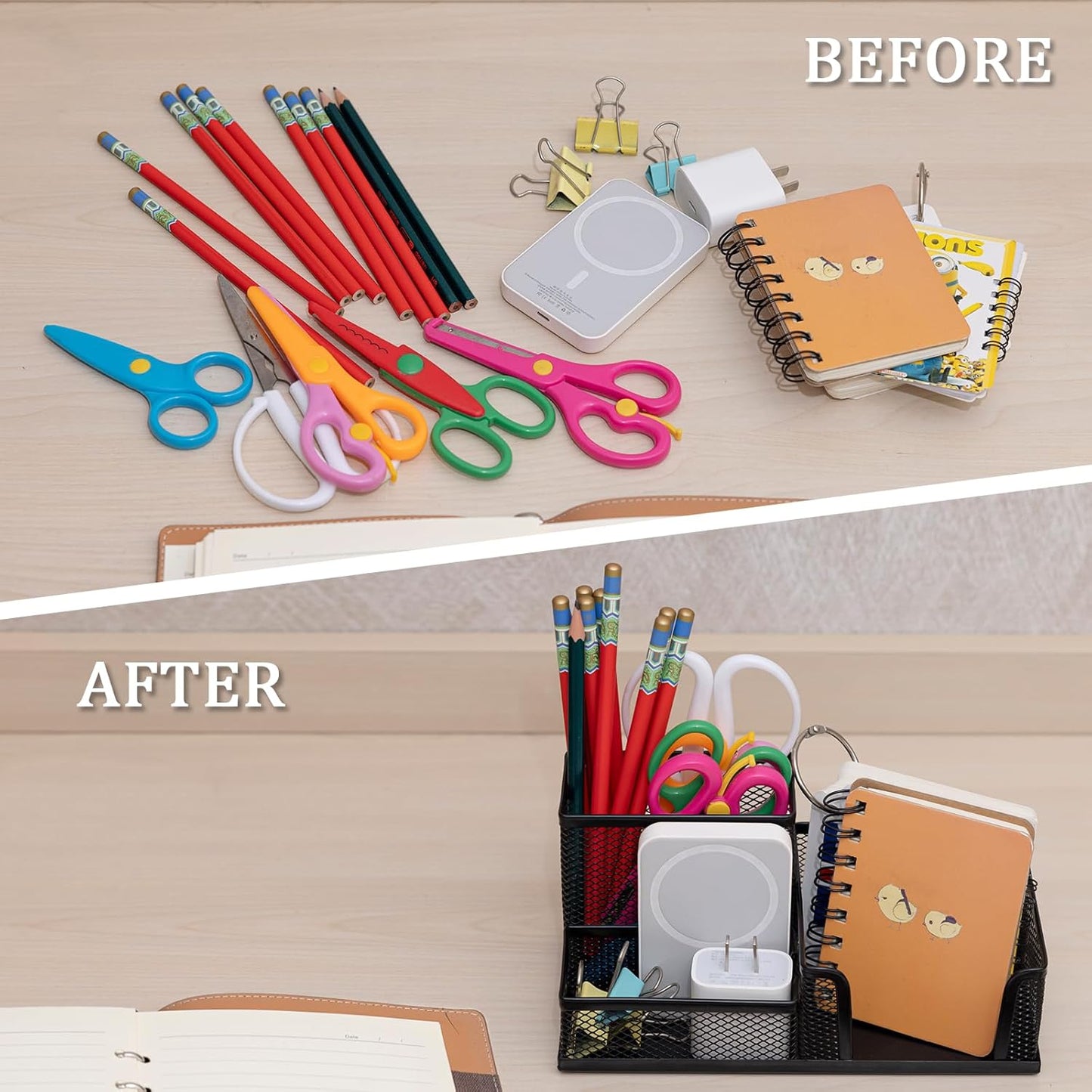 Pen Holder Mesh Metal Pencil Holder Desk Organizers Black for Desk Office with 3 Compartments Pencil Holders,Desktop Storage Caddy Organization,Suitable for School, Home,Black