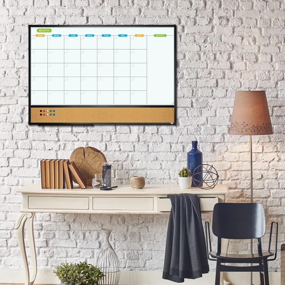 JILoffice Magnetic Calendar Whiteboard & Bulletin Corkboard Combination, Combo Board 36 x 24 Inch, Black Aluminum Frame Wall Mounted Board for Office Home and School with 10 Push Pins