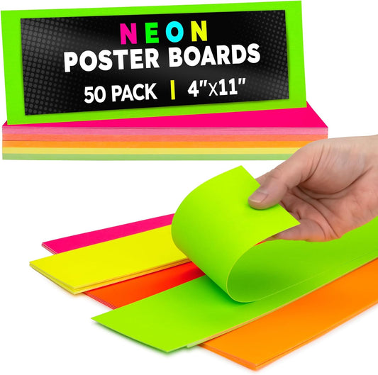 Hygloss Small Poster Board 4x11 - 50 Assorted Neon Color Poster Boards Bulk Pack - 10 Pt. Thickness Colored Poster Board Paper for Projects, Flash Cards, Signs - Posterboard Multipack 4" x 11"
