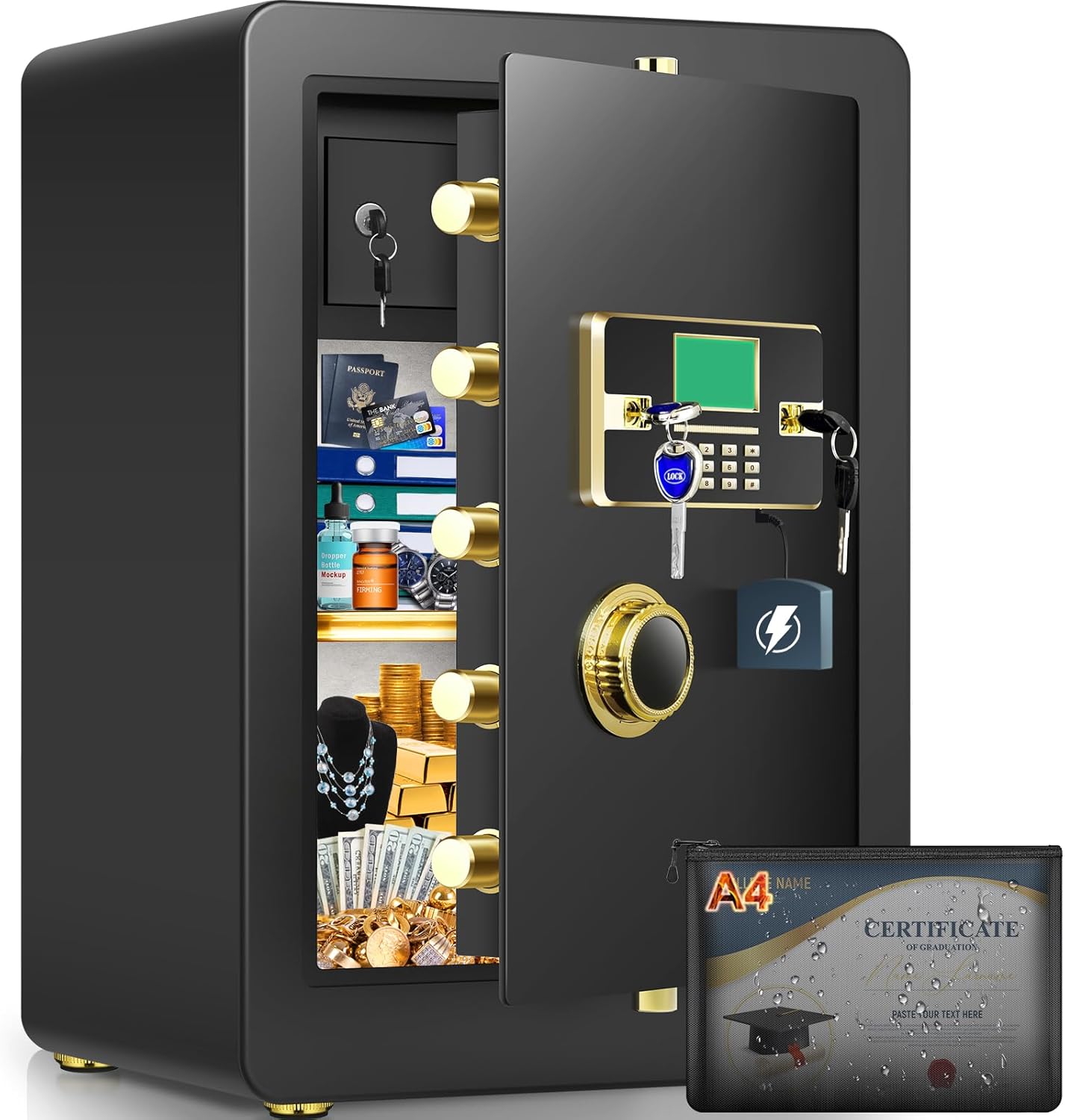 5.0 Cuft Fireproof Safe for Home, Home Safes Water and Fireproof, Safe Box with Digital Combination Lock, Fire and Water Proof Bag, Removable Shelf, Smart Alert, Fire Proof Safes for Money, Valuables