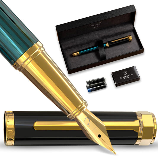 Luxury Fountain Pen Set- Fountain Pens for Writing - Smooth Medium Nib - Includes Refillable Ink Converter, 3 Ink Cartridges [Black & Blue], Gift Box - Elegant Calligraphy