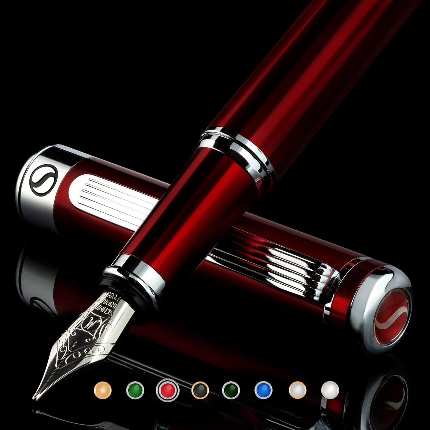 Scriveiner Deep Crimson Red Fountain Pen - Stunning Luxury Pen with Chrome Finish, Schmidt Nib (Medium), Best Pen Gift Set for Men & Women, Professional, Executive, Office, Nice Pens