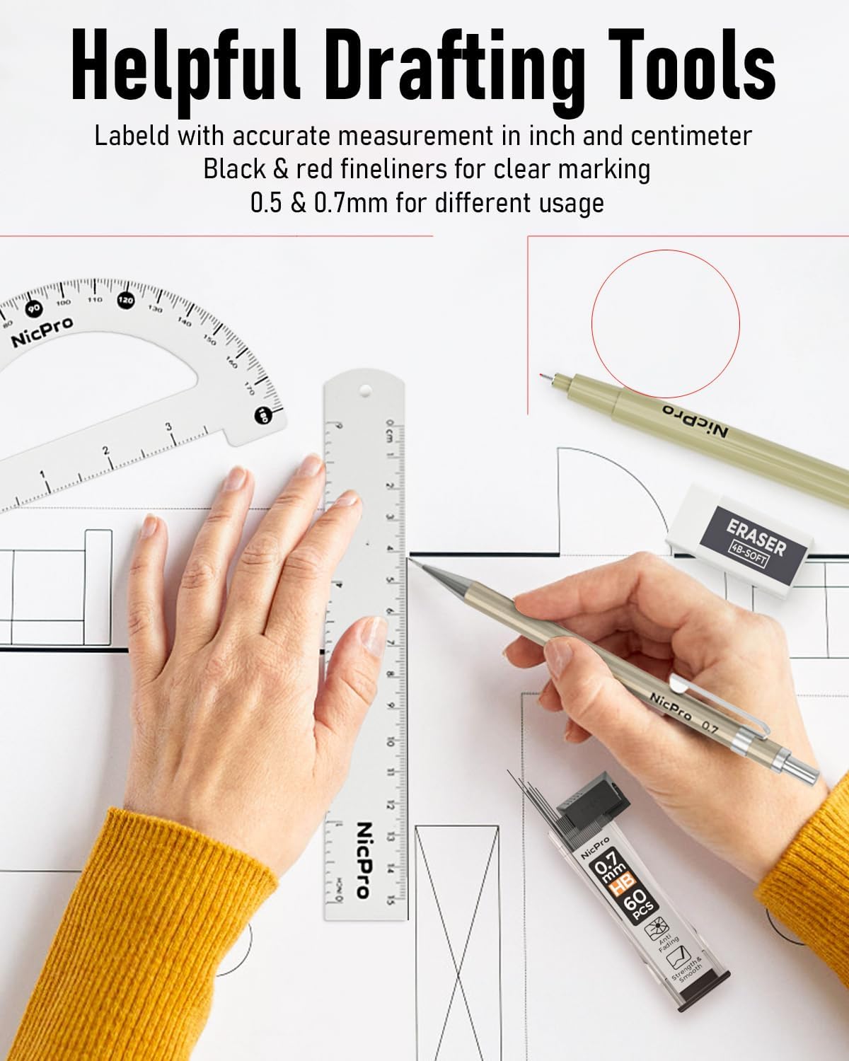 Nicpro 20PCS Professional Geometry Set with Case, Drafting Tools with Protractor and Compass, Metal Rulers, Triangles, Pens, Pencils, Drawing Supplies, Drafting Kit for Architect Engineer Students
