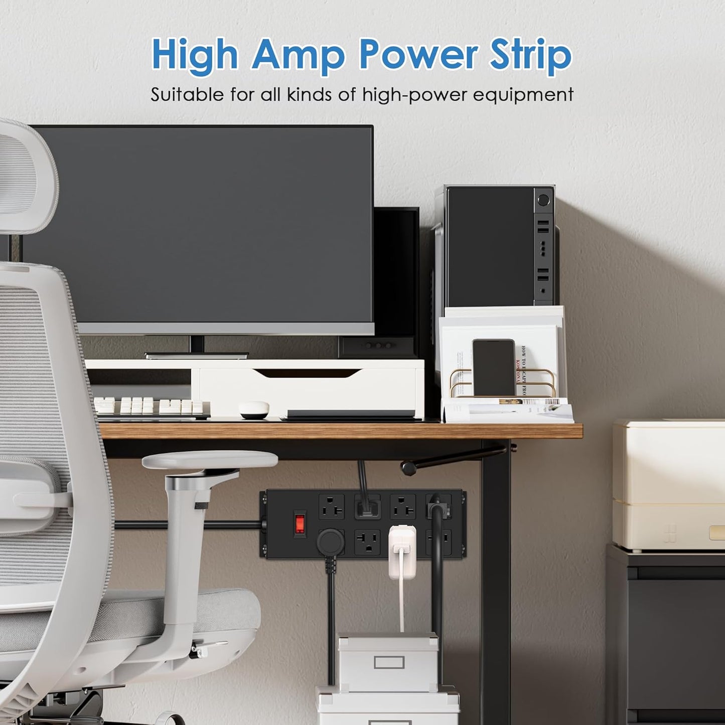 JUNNUJ Heavy Duty 20 Amp Power Strip, Garage 8 Outlets Metal 12 Gauge Surge Protector 3000J, High Amp 5-15P Adapter Shop 6-20R T-Slot Industrial Outlets (8AC, 6FT)