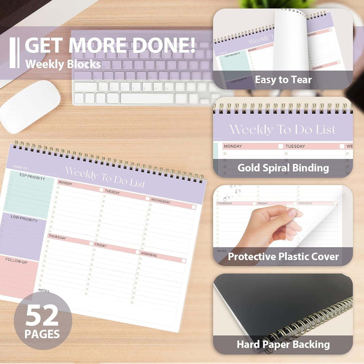 Weekly To Do List Notepad, Undated Planner with 52 Sheets (8.5''x11''), Desk Weekly Planner for Women & Man, Home School & Work