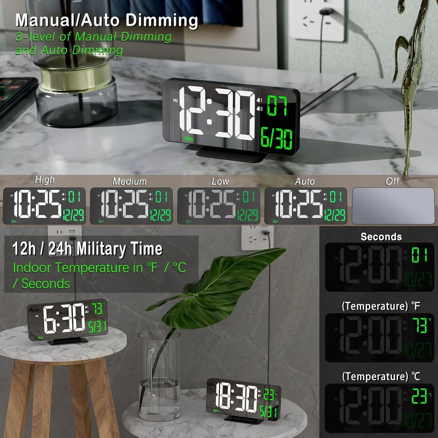 KOSUMOSU Desk Clock 6.7in Black Digital Alarm Clock with Dual Alarm, Dimming, Date, Day of Week, Temp, 12h 24h, Digital LED Clock for Table Decor, Digital Calendar Mirror Clocks Essentials