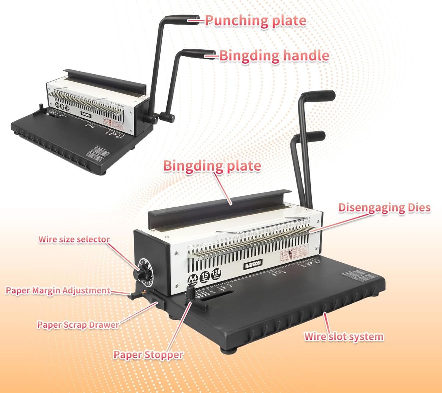 Rayson TD-1500B34 Binding Machine, Square Size Holes, 3:1 Pitch Wire-O Binder Punch 15 Sheets/Bind 130 Sheets with Sturdy Metal Construction