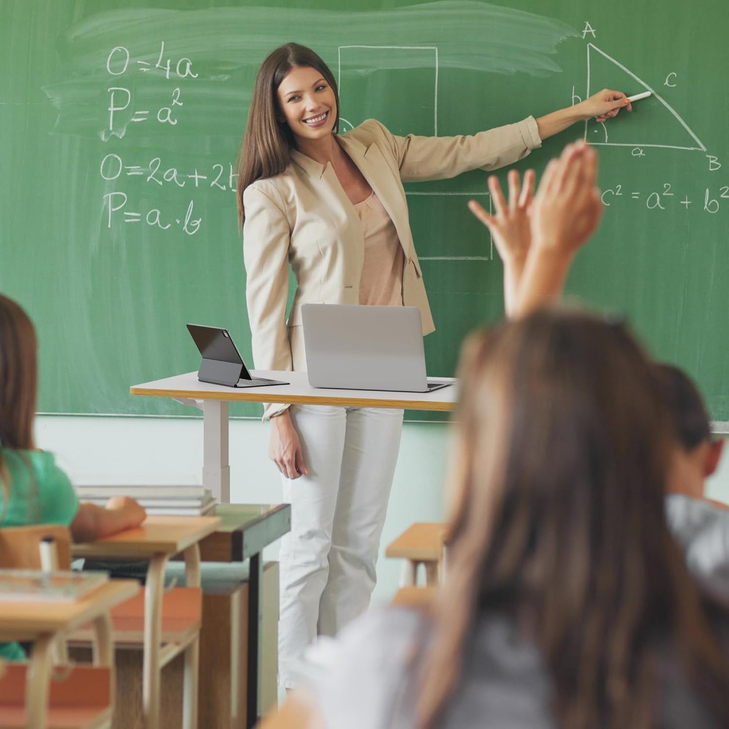 SANODESK Mobile Standing Desk with Hidden Wheels,Pneumatic Laptop Desk Rolling Computer Cart Movable Height Adjustable Small Sit Stand Desk for Home Office(31.5" W x 17.7" D, White+Maple Band)