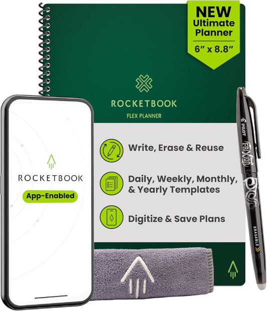 Rocketbook Flex Planner, Reusable Undated Smart, Executive Size 6x8.8 in Green – Daily, Weekly, Monthly, Annual Calendar, Tasks, Goals, Scheduling, Productivity, App Connected, Erasable, Durable Cover
