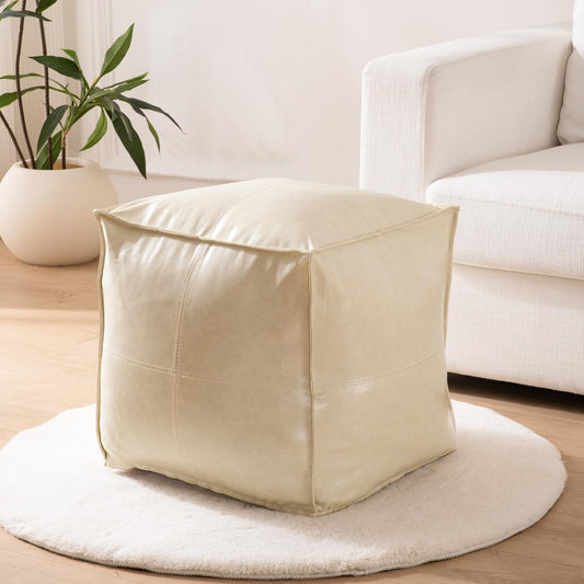 17.7" Square Unstuffed Pouf Ottoman Cover, Pu Leather Poufs Cube Foot Stool Poofy Ottomans Footrest, Decorative Casual Footstool for Living Room, Perfect to Rest Your Feet, Only Cover No Filler, Beige