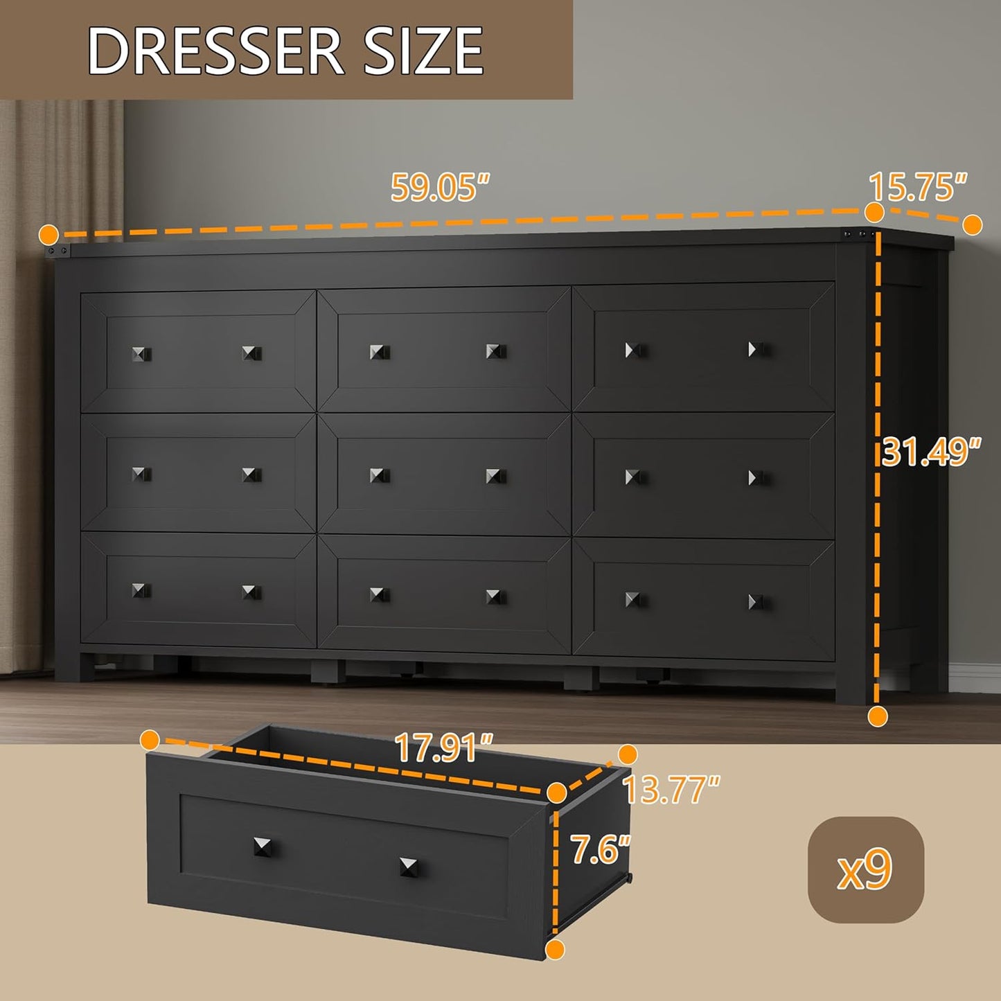 9-Drawer Dresser, Modern Wooden Storage Chest of Drawers, Dresser TV Stand, Wood Drawer Organizer with Metal Handles for Bedroom, Living Room, Hallway
