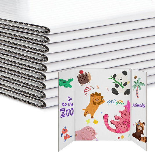9 Per Pack Trifold Poster Board, 24" × 16" Inch White Cardboard Sheets for School Projects, Science Fair, Business Events