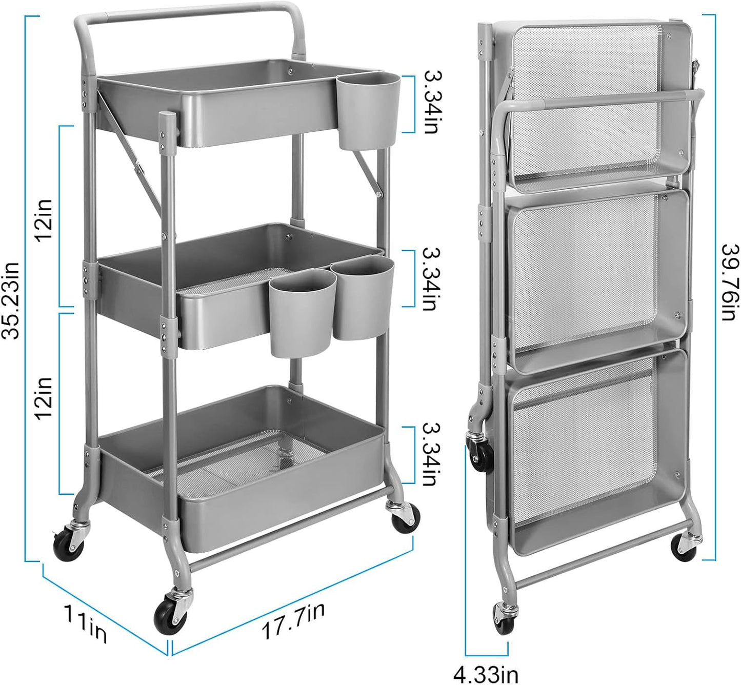 Foldable 3 Tier Metal Utility Rolling Cart, Folding Mobile Multi-Function Storage Trolley Organizer Cart for Home Library Office(Grey)