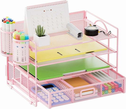 Marbrasse Desk Organizer and Accessories4-Tier Paper File Letter Tray Accessories & Workspace Desk Organizers with Drawer and 2 Pen Holders for School Home Office Supplies(Pink)