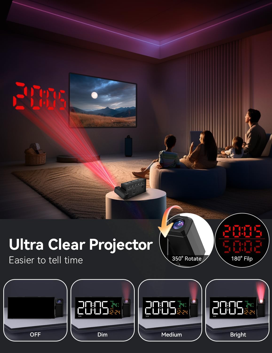 Netzu Projection Clock for Bedroom Ceiling, Alarm Clocks with 180° Rotatable Projector, Date Temperature and Weekday, Manual DST, 5 Brightness, 10 Ringtones, 4 Volumes and Snooze (Black)